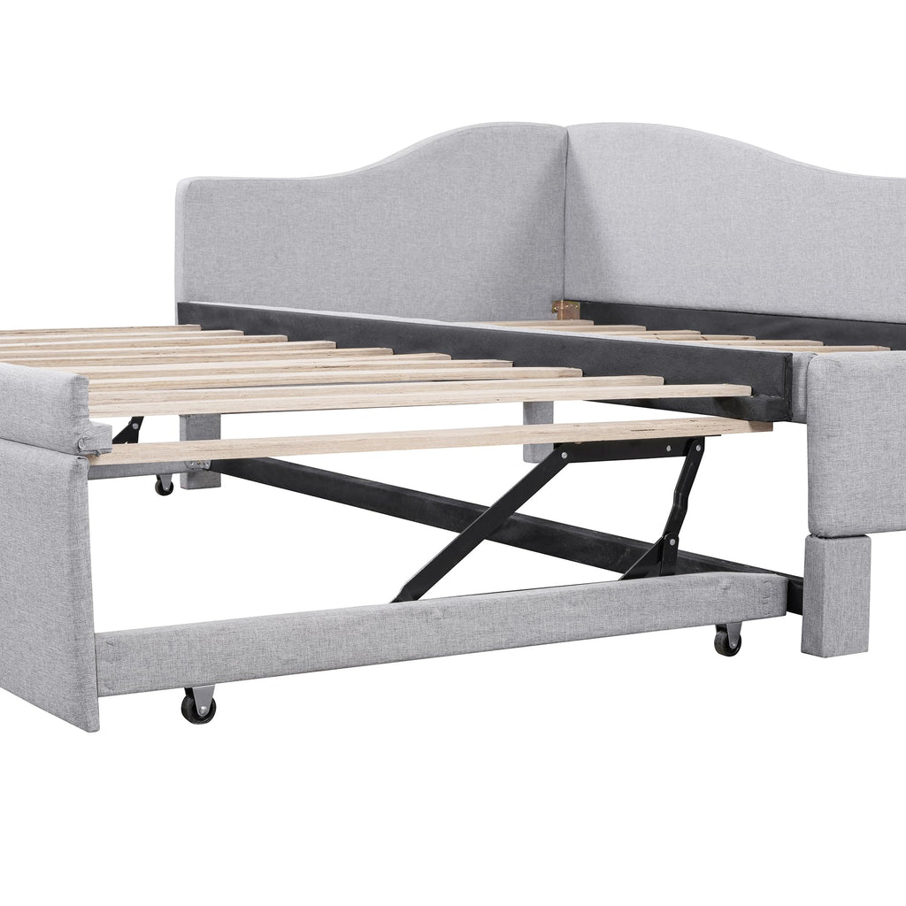 Twin Size Linen Extendable Upholstered Daybed with Pop Up Trundle U252