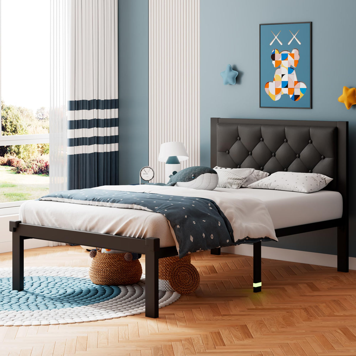 Twin Size Black Metal Platform Bed Frame with Faux Leather Button Tufted Headboard Y714