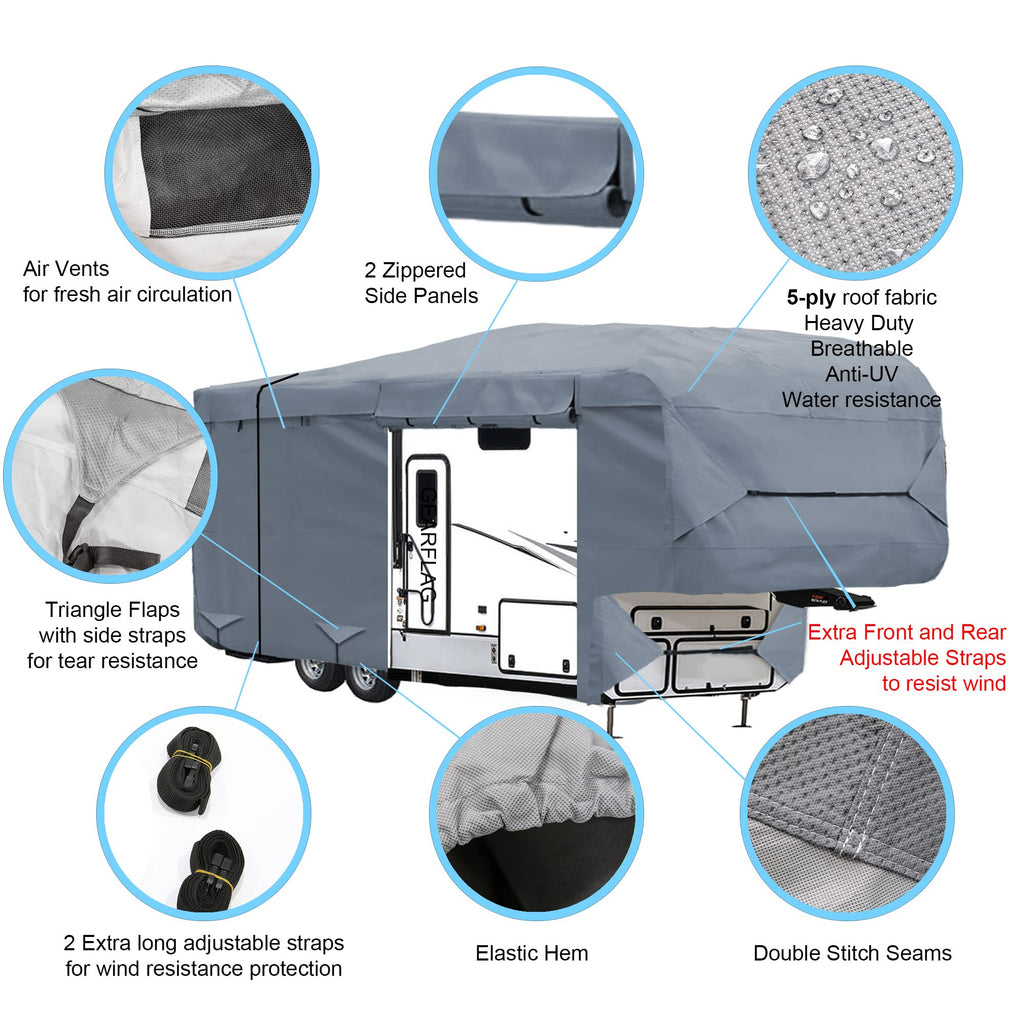 5th Wheel RV Trailer Cover 5 Layers with Windproof Side-Straps Heavy Duty 24' - 26' N5034