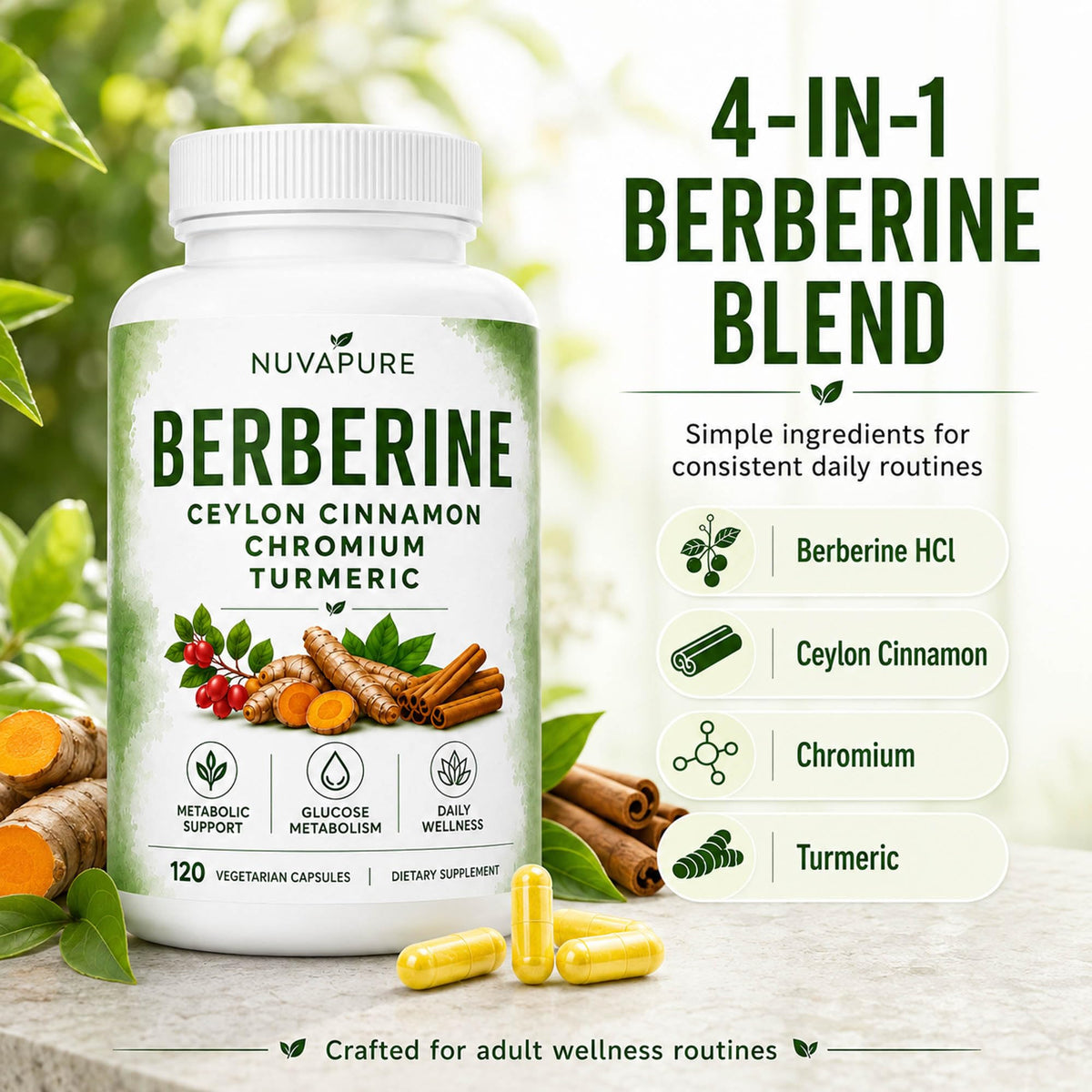 Berberine with Ceylon Cinnamon, Chromium & Turmeric, 120 Vegetarian Capsules A3167