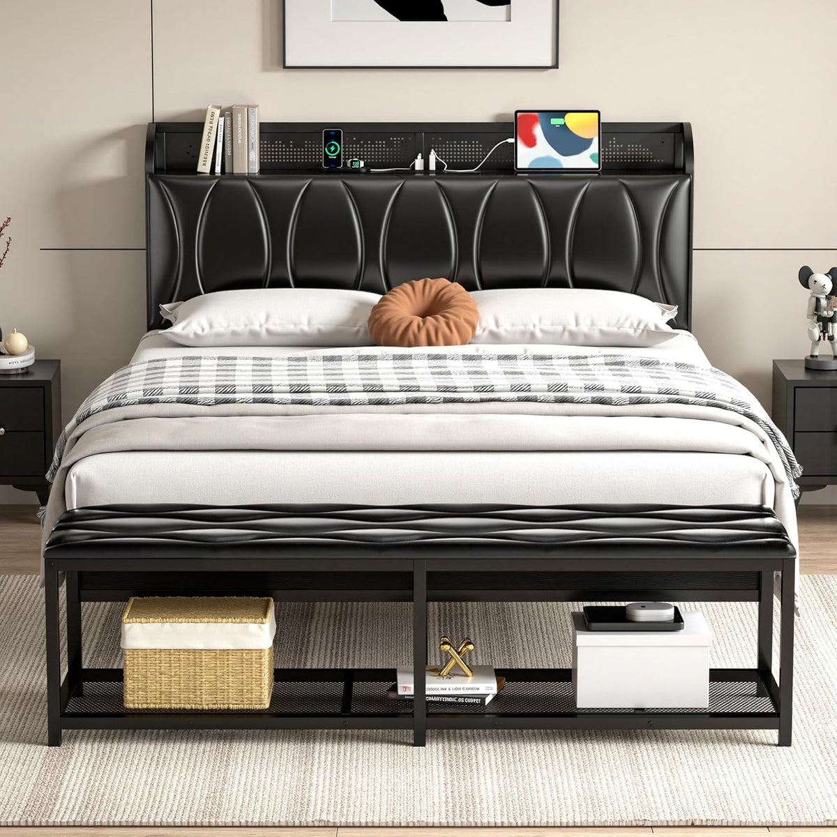 Black Full Size Upholstered Bed Frame with Storage I852