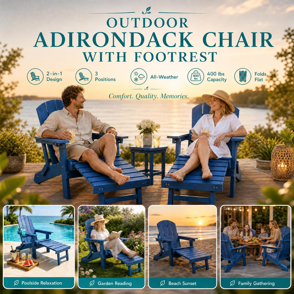 Folding Adjustable Adirondack Chairs Set of 2 with Footrest U602