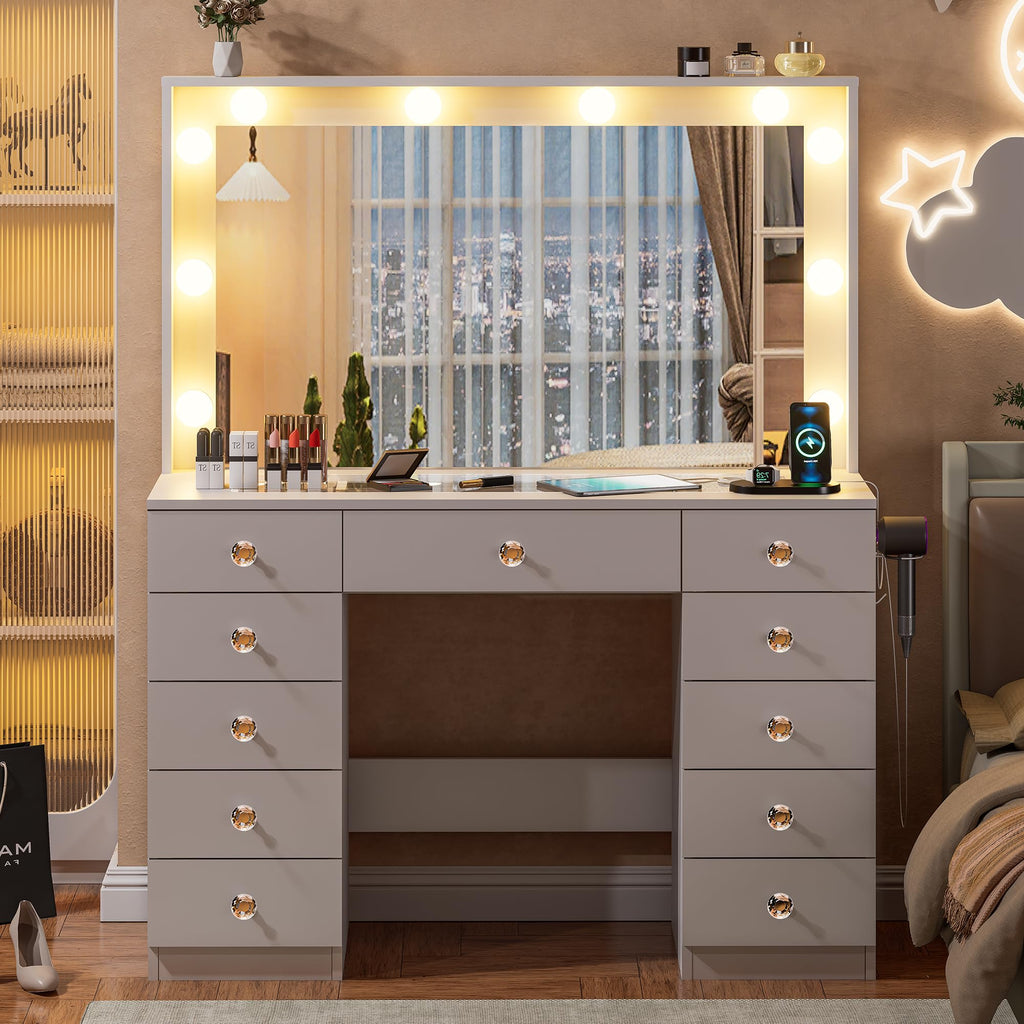 White Vanity Desk with Mirror 10 LED Lights 11 Drawers Z7619