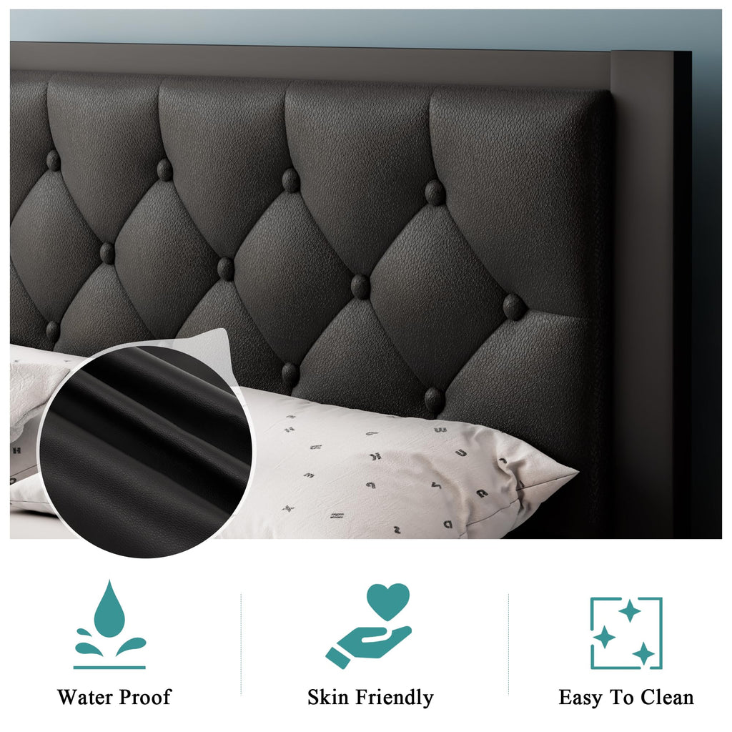 Twin Size Black Metal Platform Bed Frame with Faux Leather Button Tufted Headboard Y714