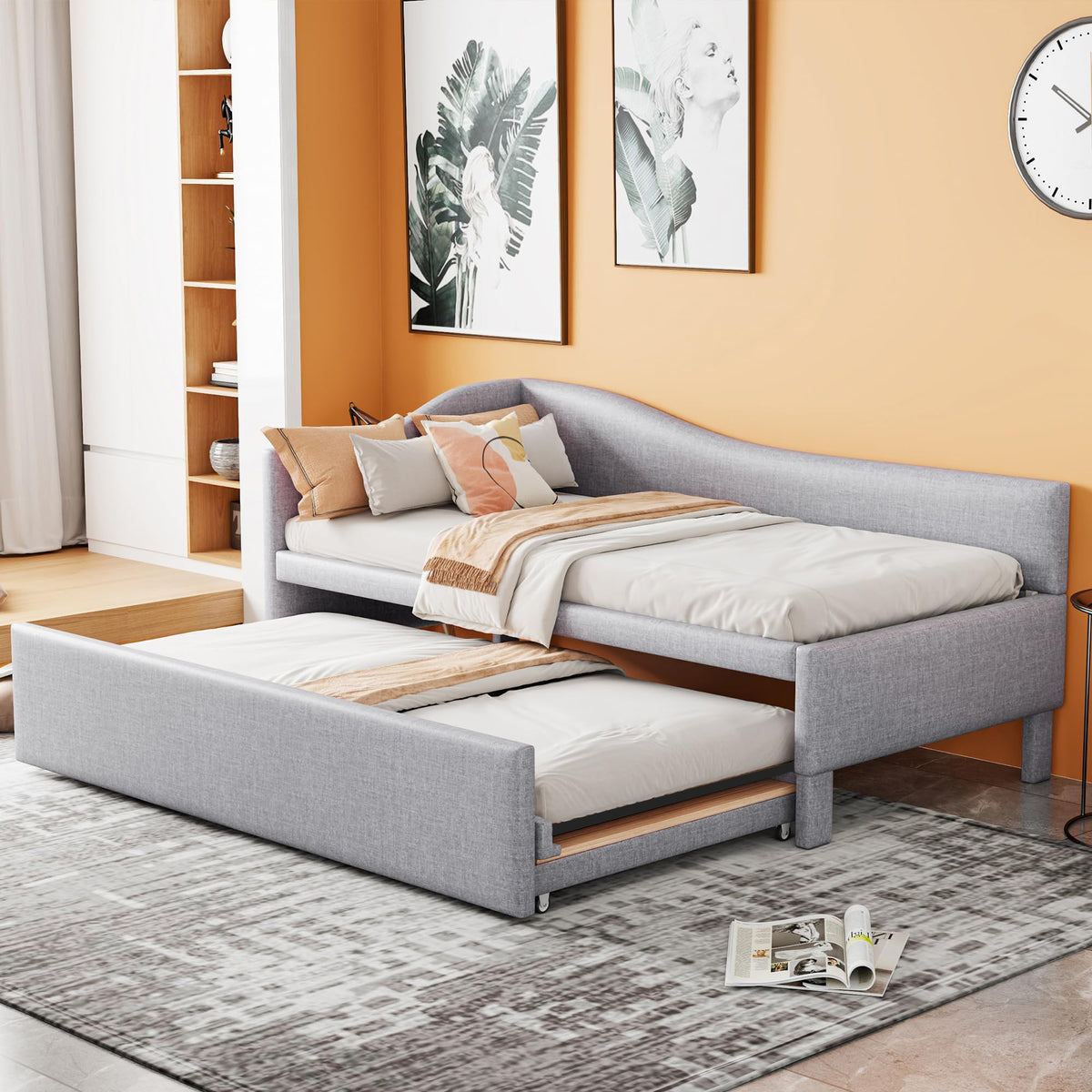 Twin Size Linen Extendable Upholstered Daybed with Pop Up Trundle U252