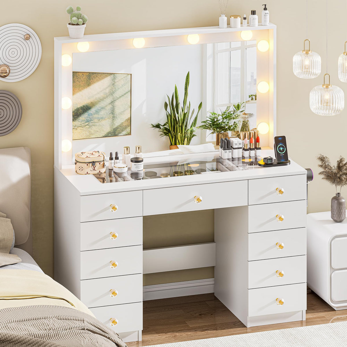 White Vanity Desk with Mirror 10 LED Lights 11 Drawers Z7619
