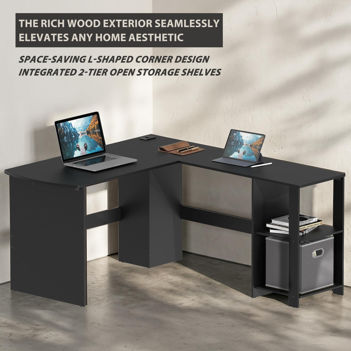 Black L-Shaped Wood Corner Desk with Storage K69805