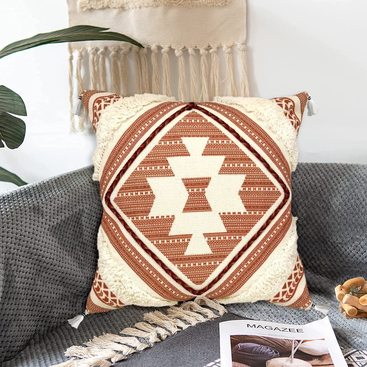 Boho Decorative Throw Pillow Cover with Tassels Fringe 18''x18'' B8706
