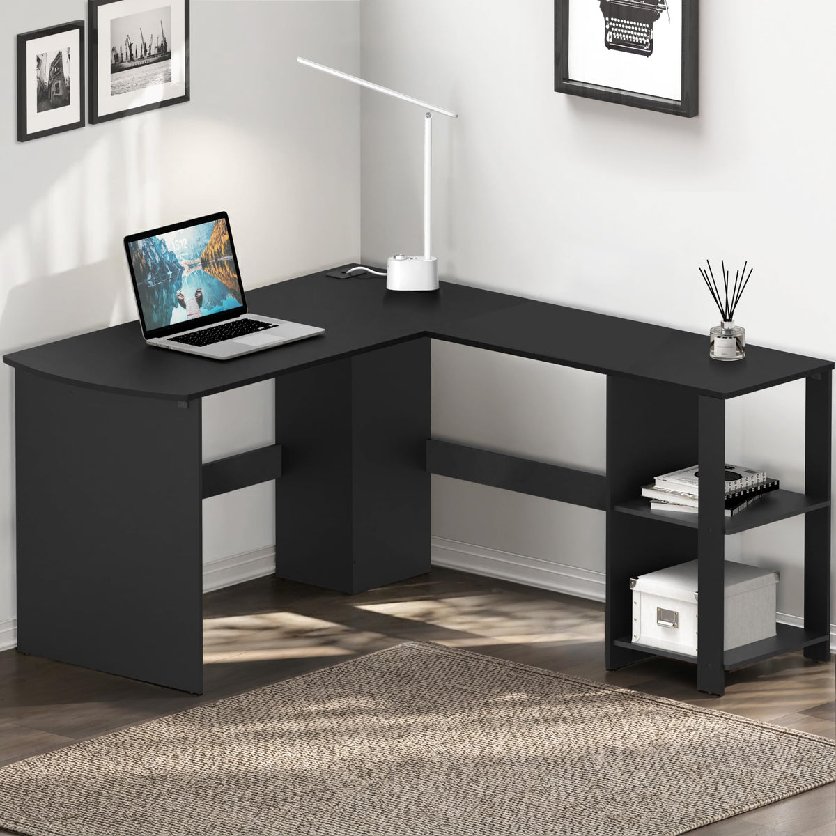 Black L-Shaped Wood Corner Desk with Storage K69805