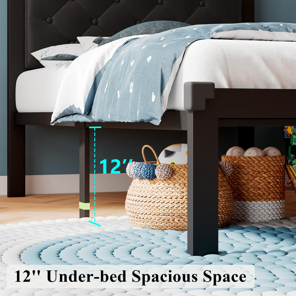 Twin Size Black Metal Platform Bed Frame with Faux Leather Button Tufted Headboard Y714