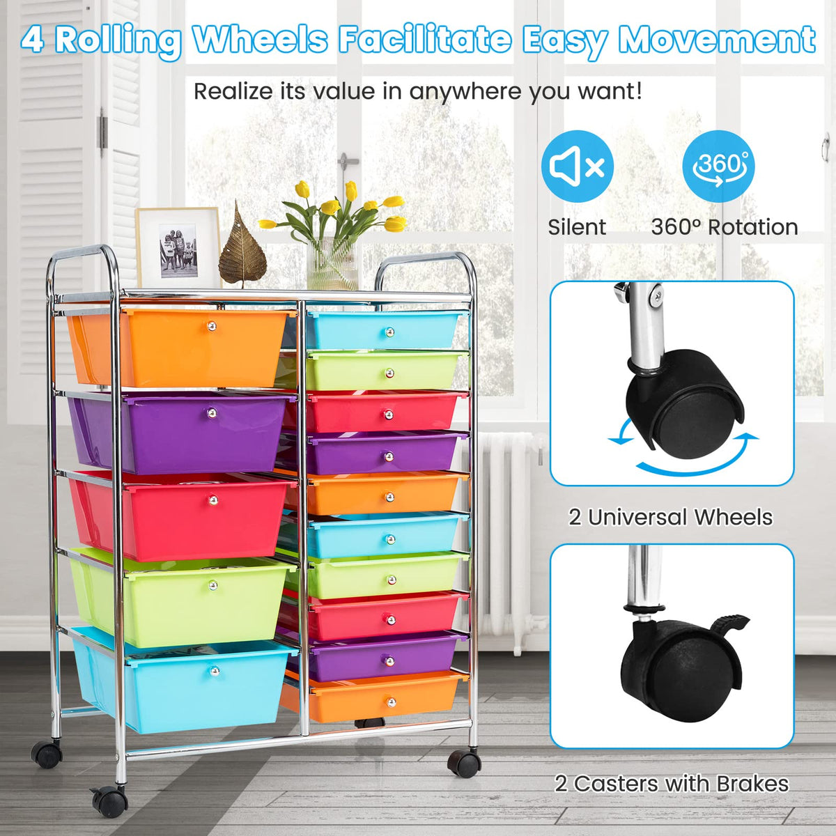 15 Drawer Rolling Storage Cart with Lockable Wheels L3189