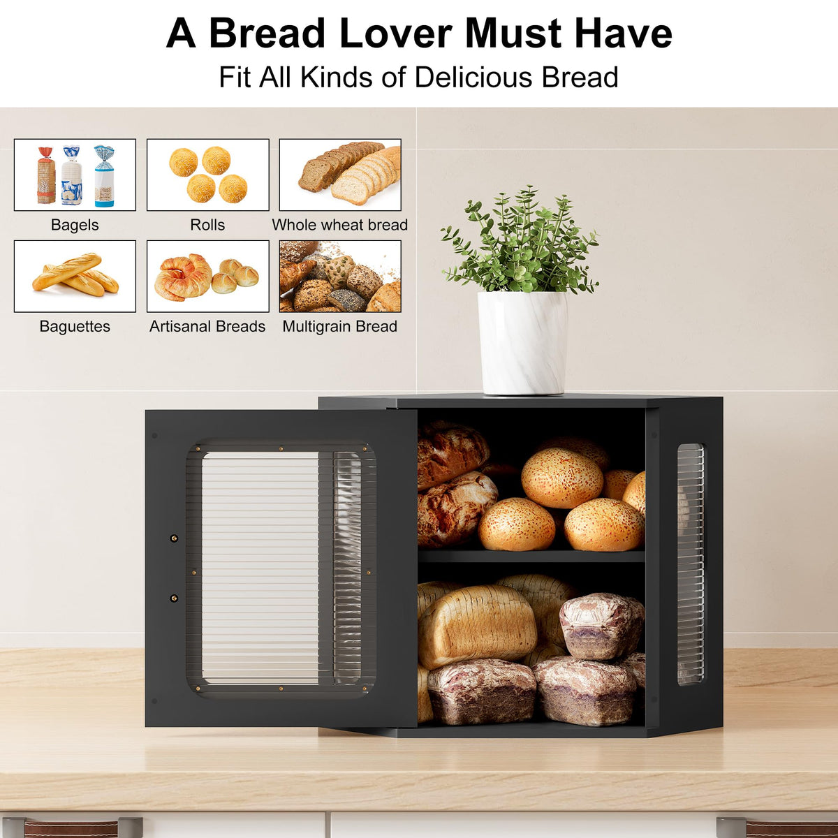 Large Black Wooden Bread Box with Acrylic Window G328