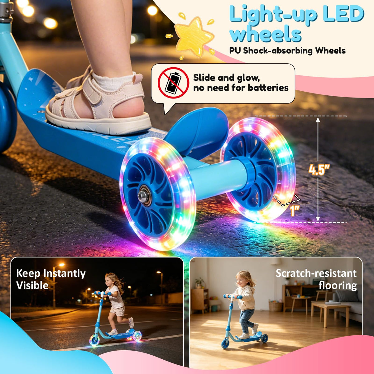 Three Wheel Scooter for Kids 2-5, Light Up Adjustable Height Kick Scooter K4247