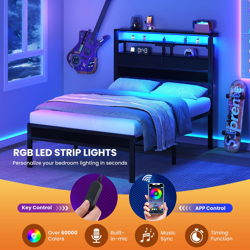 Queen Bed Frame with LED Lights and Charging Station M209