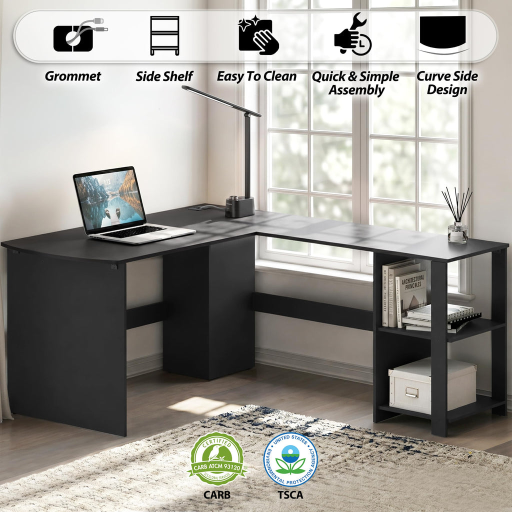 Black L-Shaped Wood Corner Desk with Storage K69805