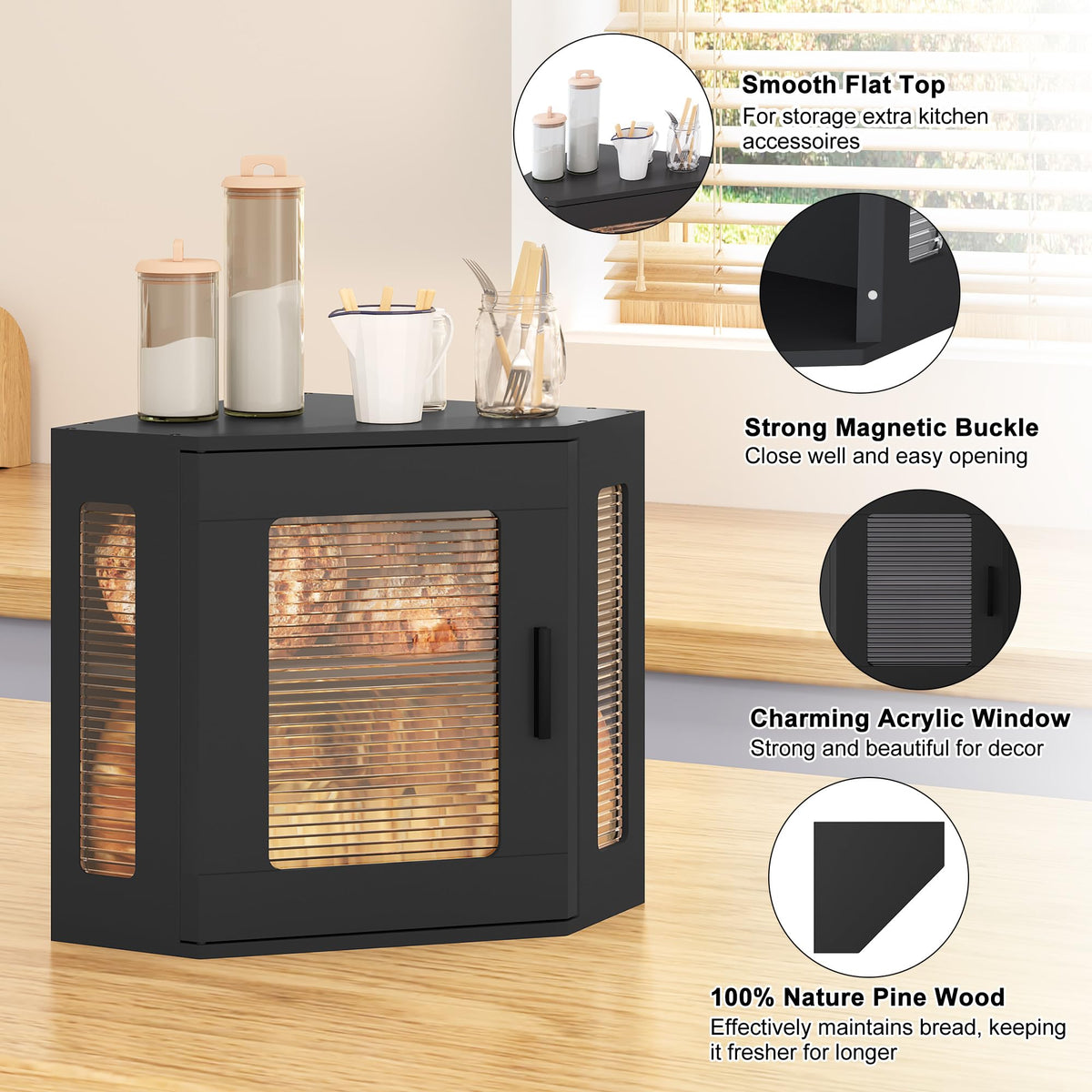 Large Black Wooden Bread Box with Acrylic Window G328