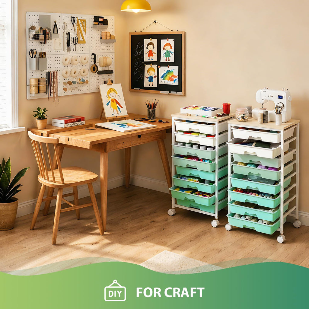 Green Rolling Cart with 8 Drawers H18347