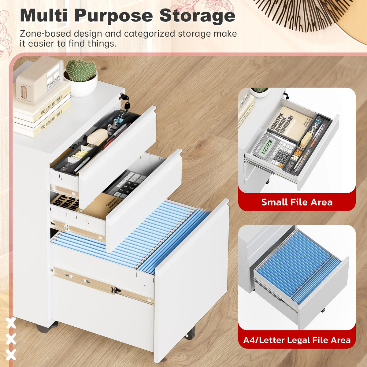 White 3 Drawer Metal Rolling File Cabinet T826315