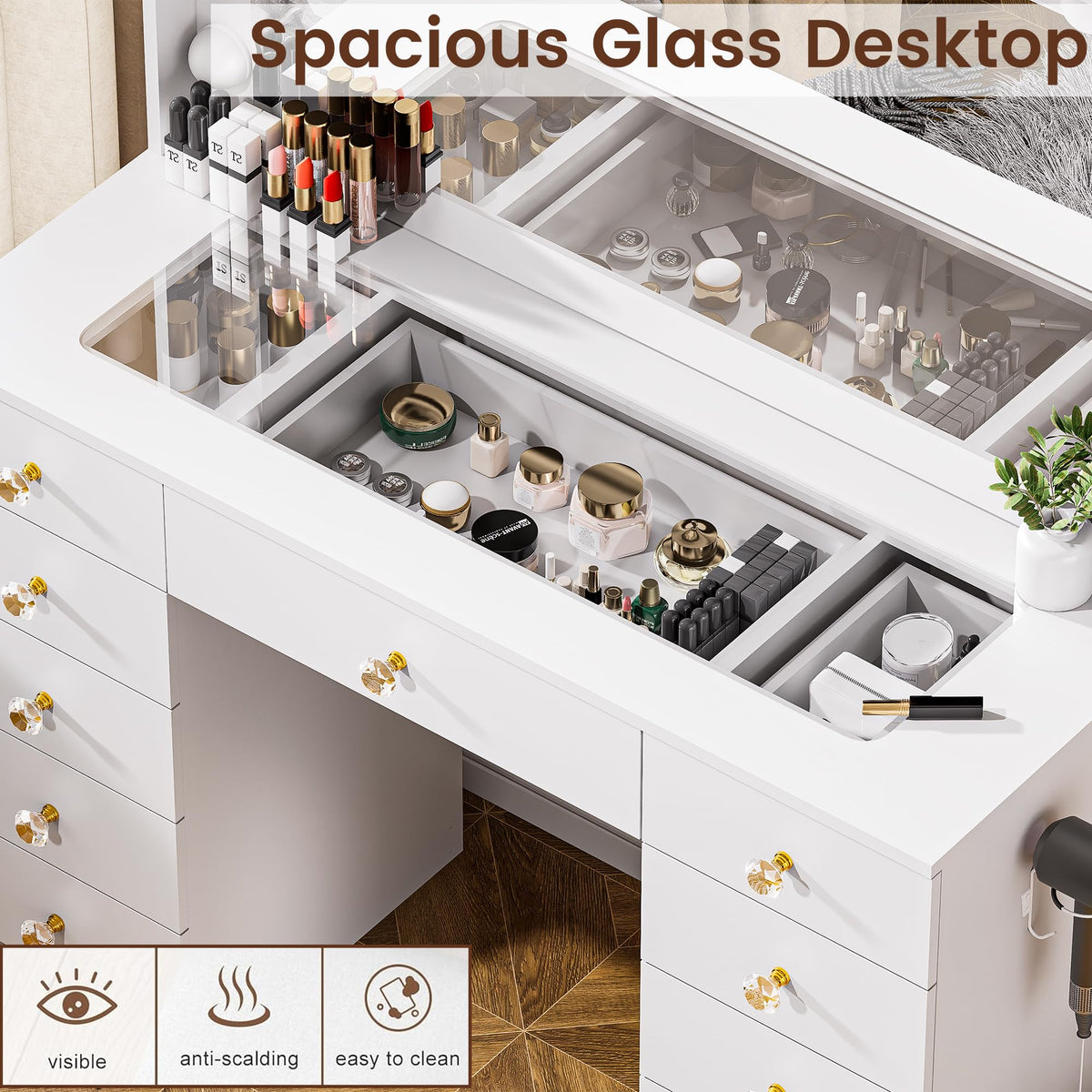 White Vanity Desk with Mirror 10 LED Lights 11 Drawers Z7619