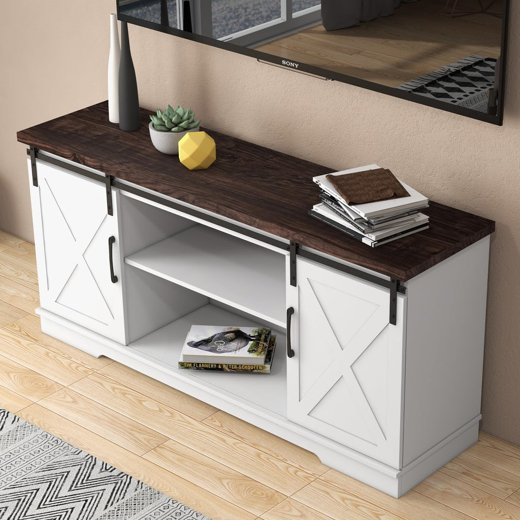 White Wood TV Stand with Sliding Barn Doors L507