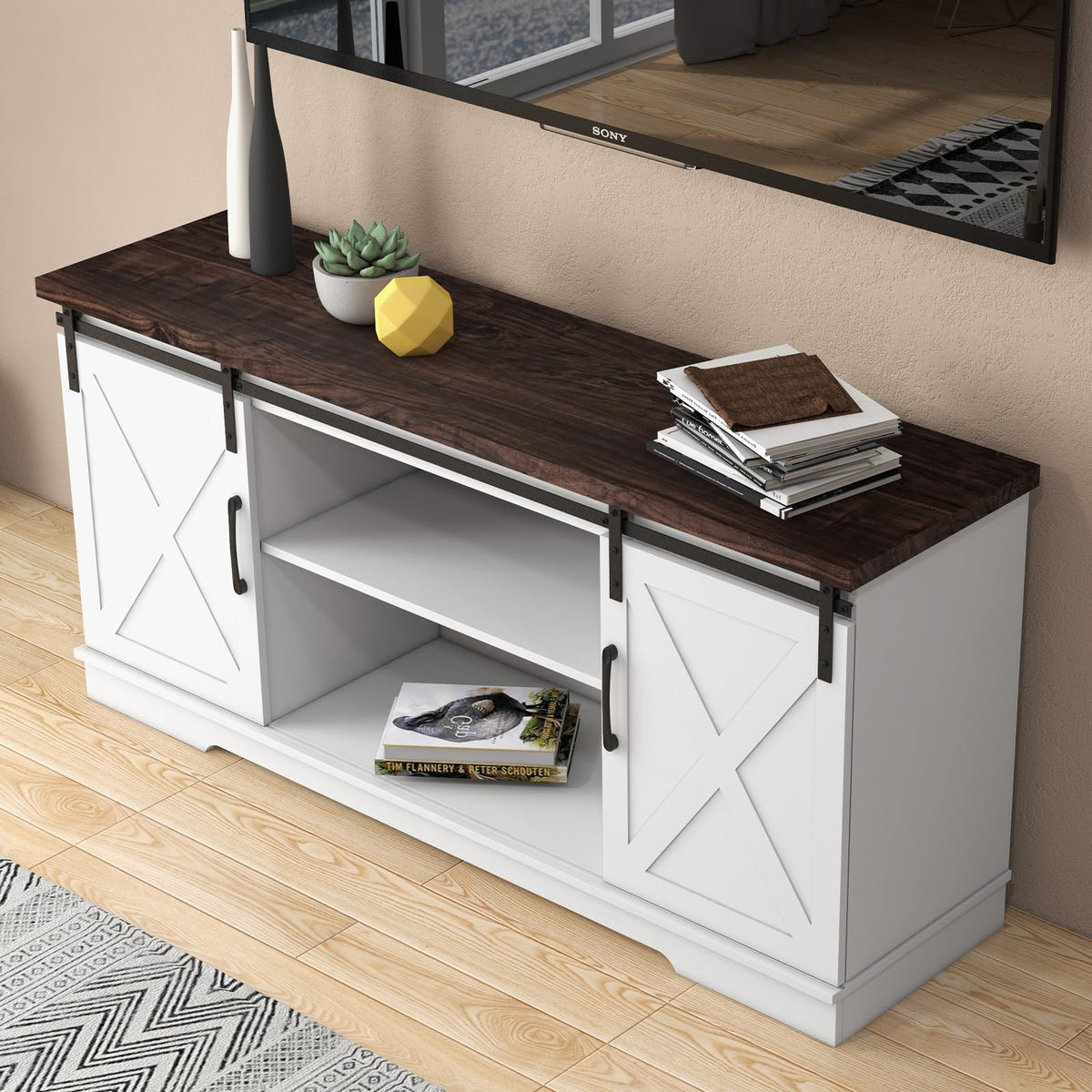 White Wood TV Stand with Sliding Barn Doors L507