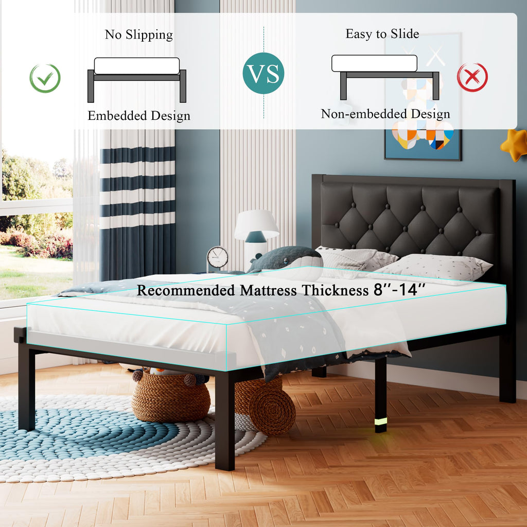 Twin Size Black Metal Platform Bed Frame with Faux Leather Button Tufted Headboard Y714