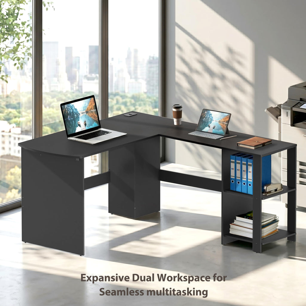 Black L-Shaped Wood Corner Desk with Storage K69805
