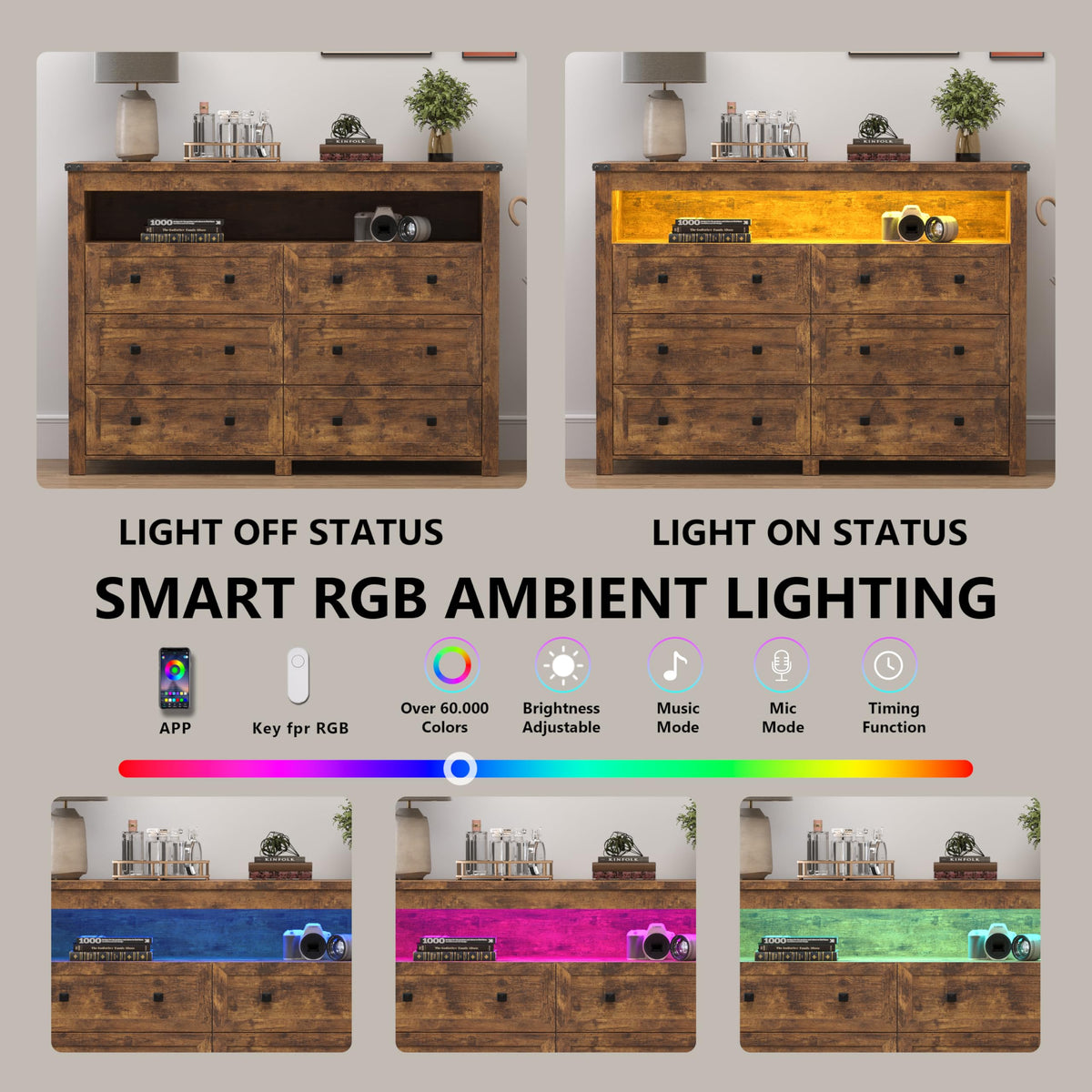Brown 6 Drawer Dresser with LED Lights and Power Outlet Y9652