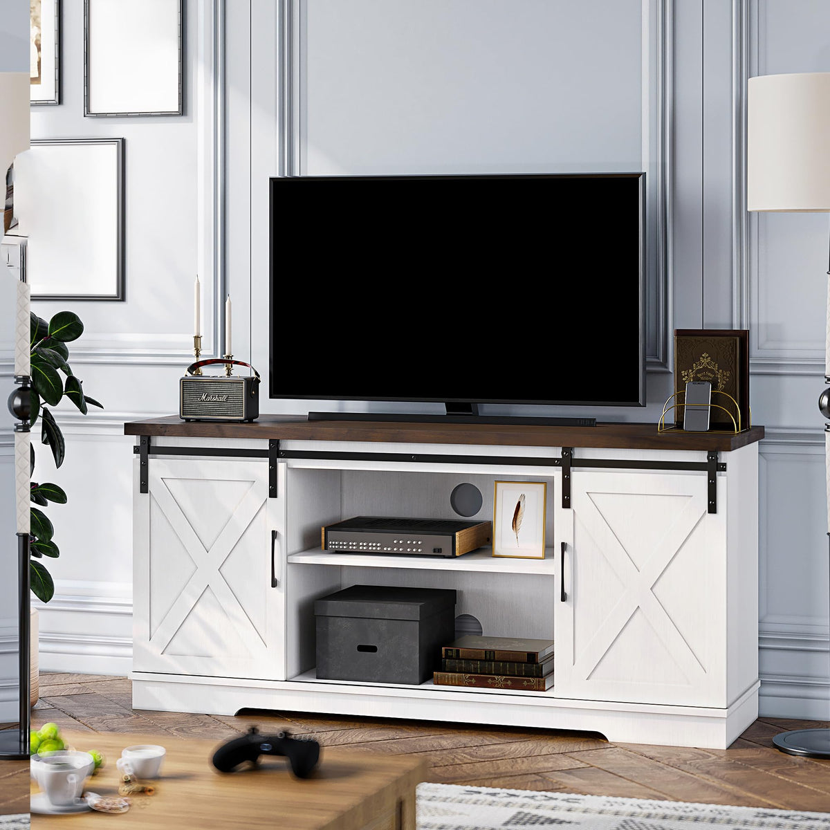 White Wood TV Stand with Sliding Barn Doors L507