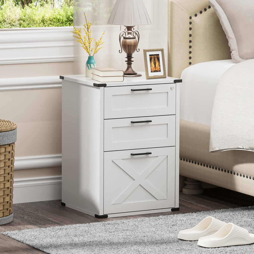 Small Wood File Cabinet with Charging Station and Lock, 3 Drawers X323