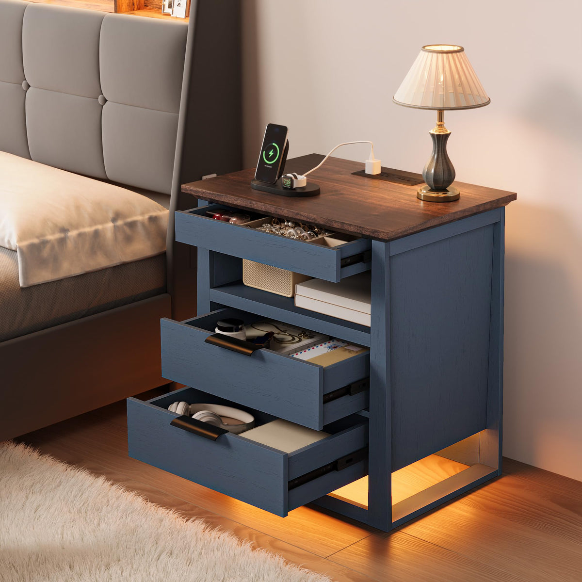 3 Drawer Nightstand with Charging Station and LED Lights Q837