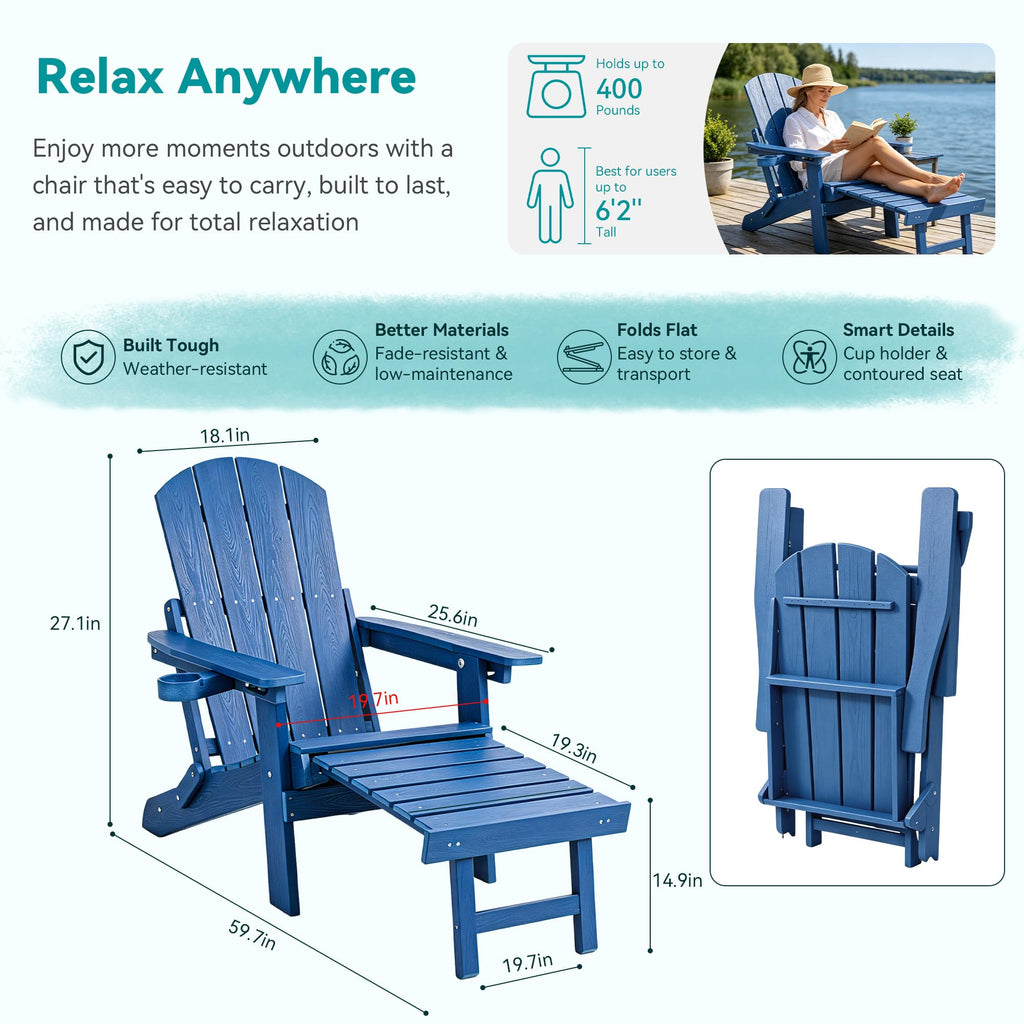 Folding Adjustable Adirondack Chairs Set of 2 with Footrest U602