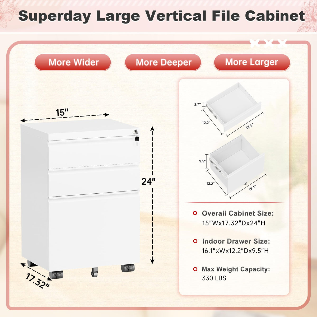 White 3 Drawer Metal Rolling File Cabinet T826315