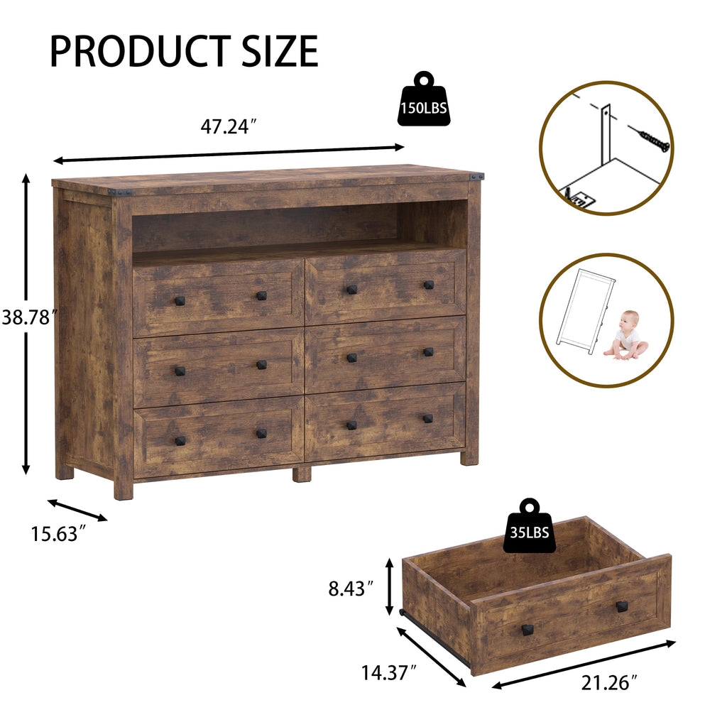 Brown 6 Drawer Dresser with LED Lights and Power Outlet Y9652