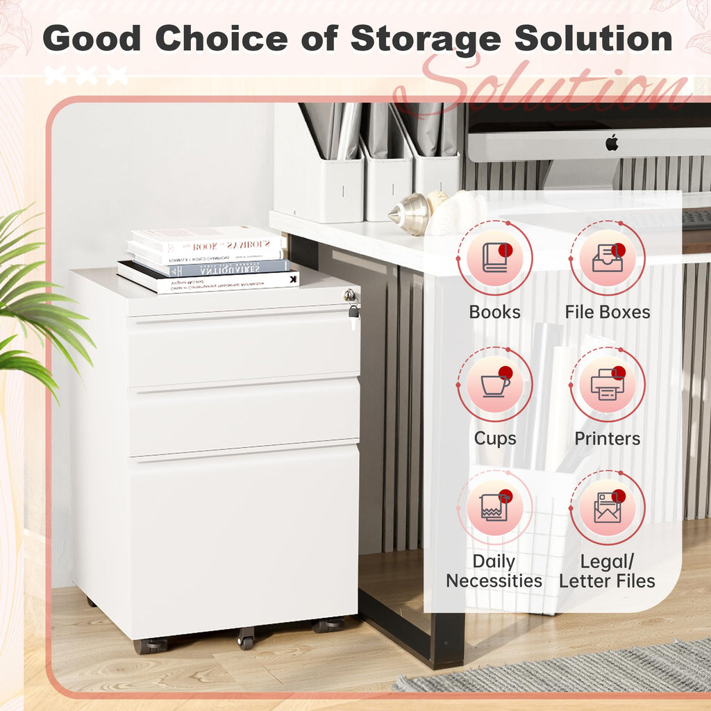 White 3 Drawer Metal Rolling File Cabinet T826315