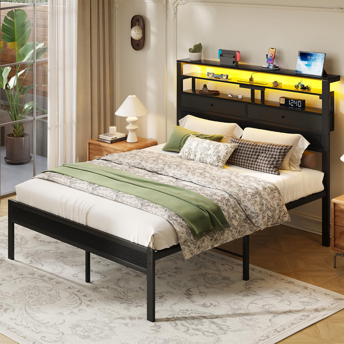 Queen Bed Frame with LED Lights and Charging Station M209