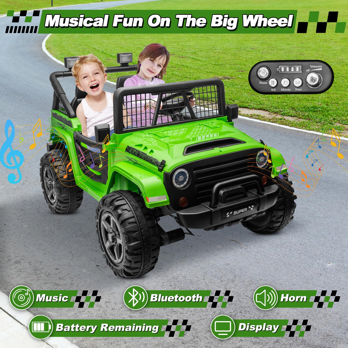 24V Ride on Car with Remote Control, 2 Seater 4WD/2WD Truck, Green U493