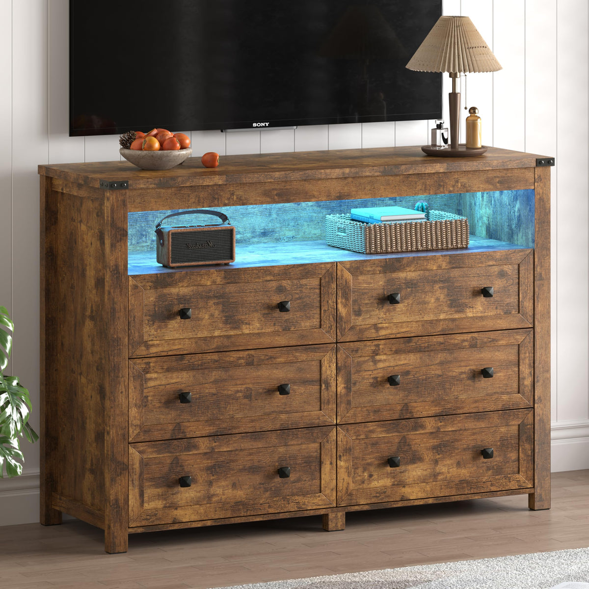 Brown 6 Drawer Dresser with LED Lights and Power Outlet Y9652