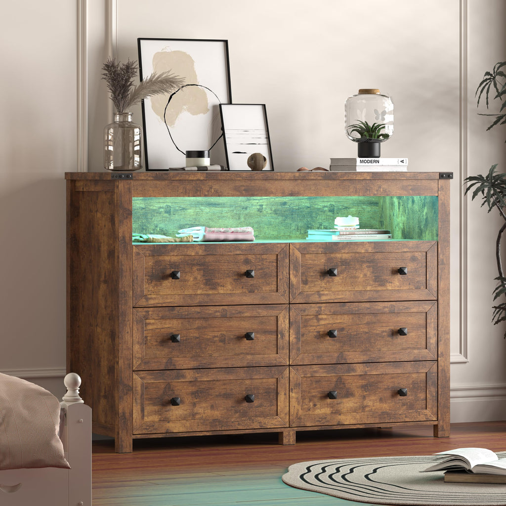 Brown 6 Drawer Dresser with LED Lights and Power Outlet Y9652