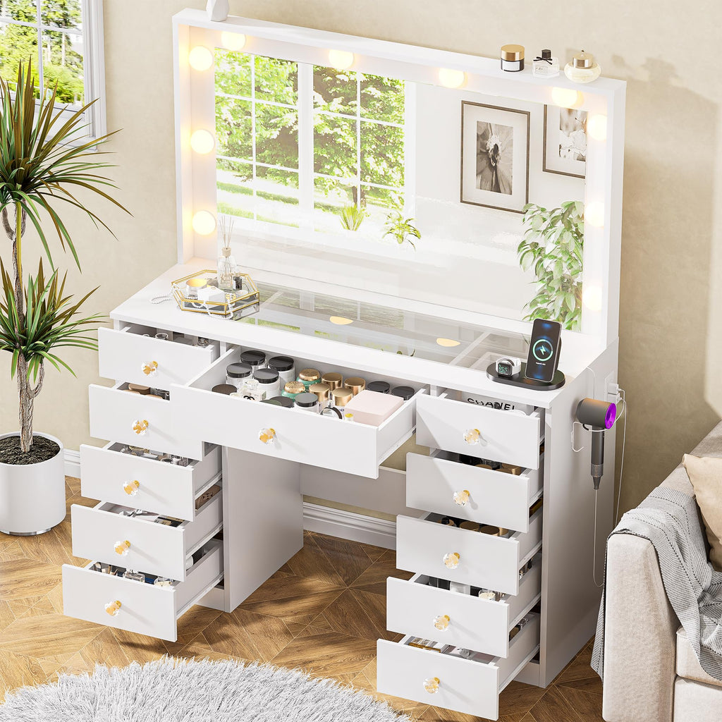 White Vanity Desk with Mirror 10 LED Lights 11 Drawers Z7619
