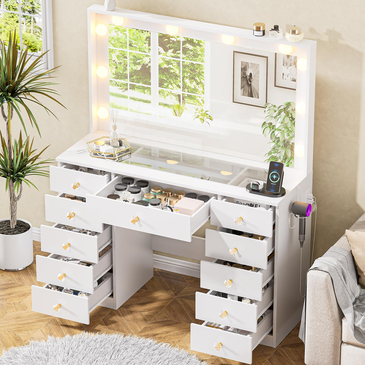 White Vanity Desk with Mirror 10 LED Lights 11 Drawers Z7619