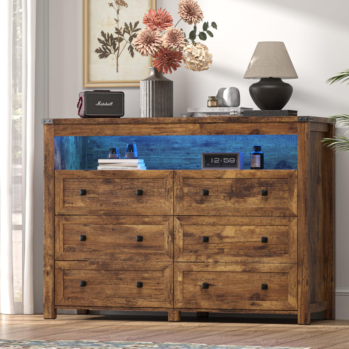 Brown 6 Drawer Dresser with LED Lights and Power Outlet Y9652
