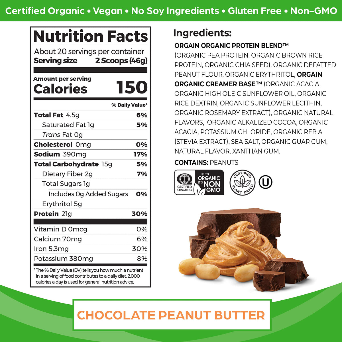 Organic Vegan Protein Powder Chocolate Peanut Butter and Vanilla Bean 4.06 Lbs Q912567
