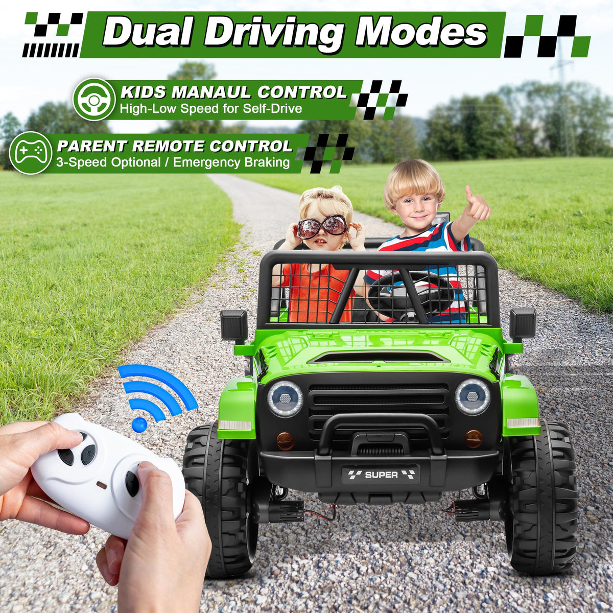 24V Ride on Car with Remote Control, 2 Seater 4WD/2WD Truck, Green U493